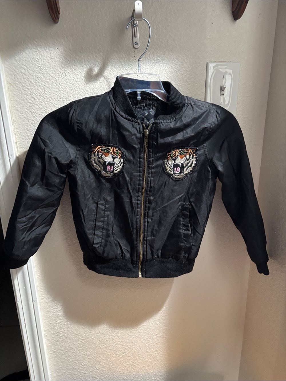 Dollhouse Kids Black Bomber Jacket with Tiger Patches 6X